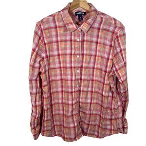 Lands End Plaid Button Up Lined Shirt Top Women 18 Red Colorful Outdoor